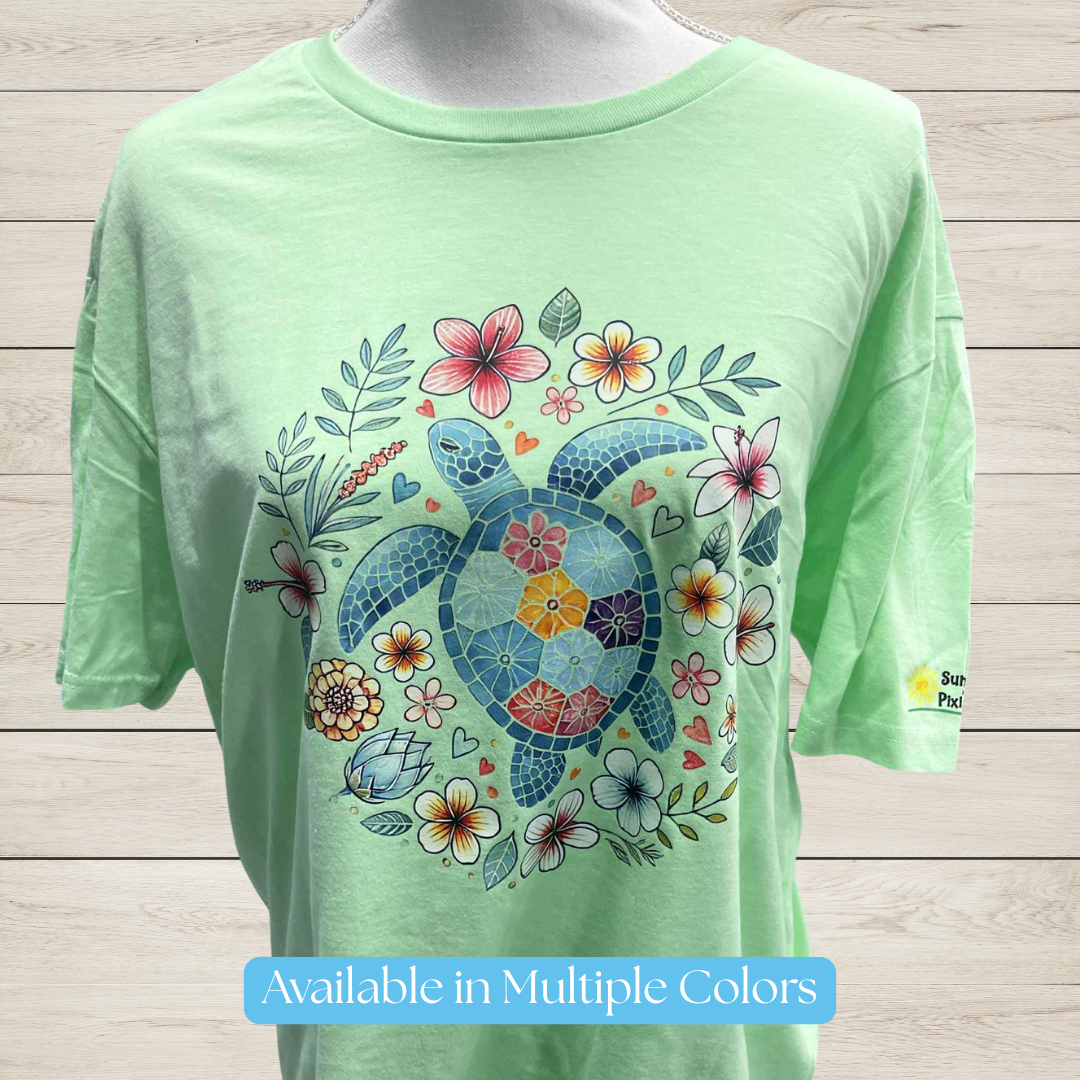 Sea Turtle T-Shirt – Floral Turtle Graphic Tee, Ocean Beach Shirt with Hibiscus & Tropical Flowers, Nature Lover Coastal Gift