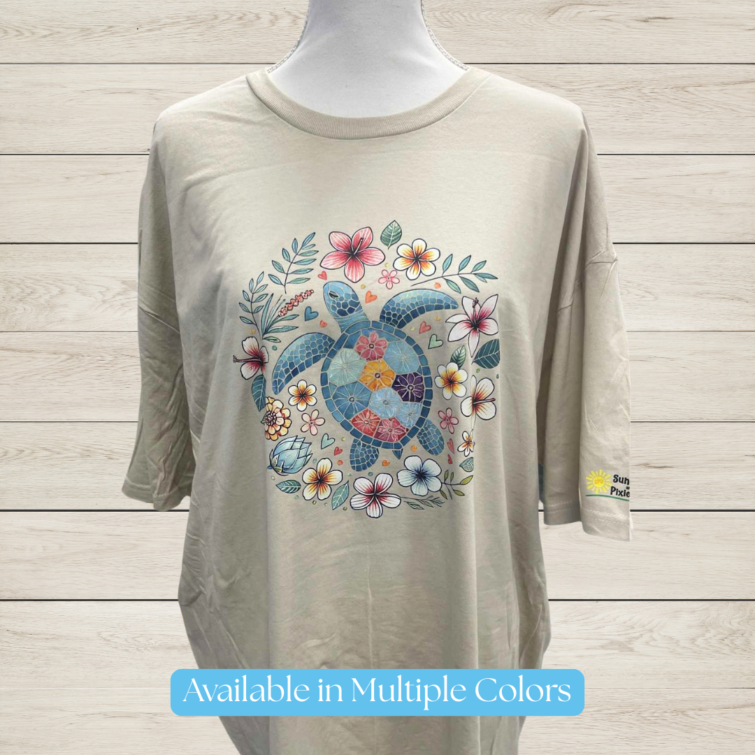 Sea Turtle T-Shirt – Floral Turtle Graphic Tee, Ocean Beach Shirt with Hibiscus & Tropical Flowers, Nature Lover Coastal Gift