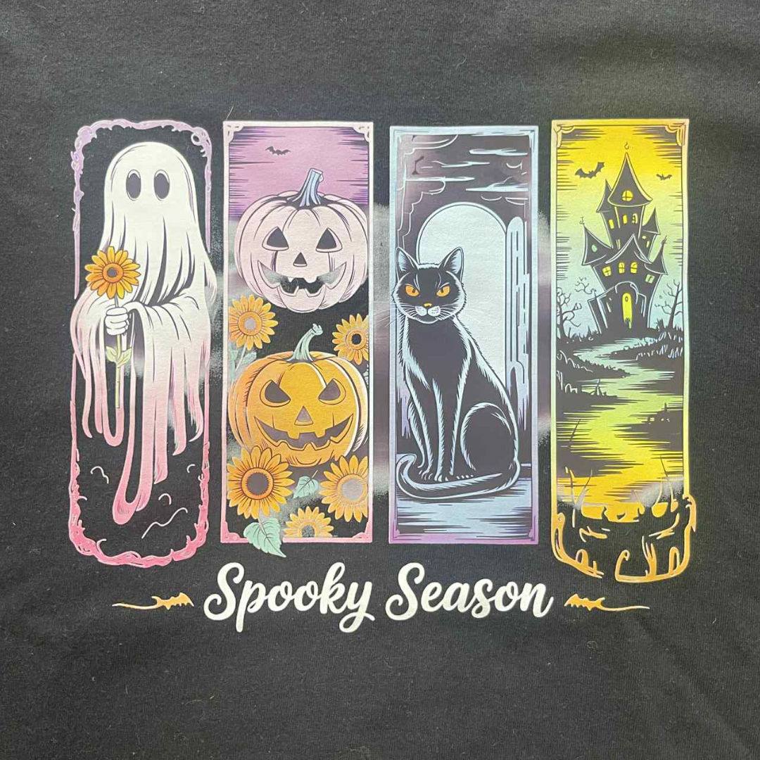Spooky Season Midnight Magic Edition T-Shirt | Halloween Tee | Sunflowers, Ghost, Black Cat, Haunted House