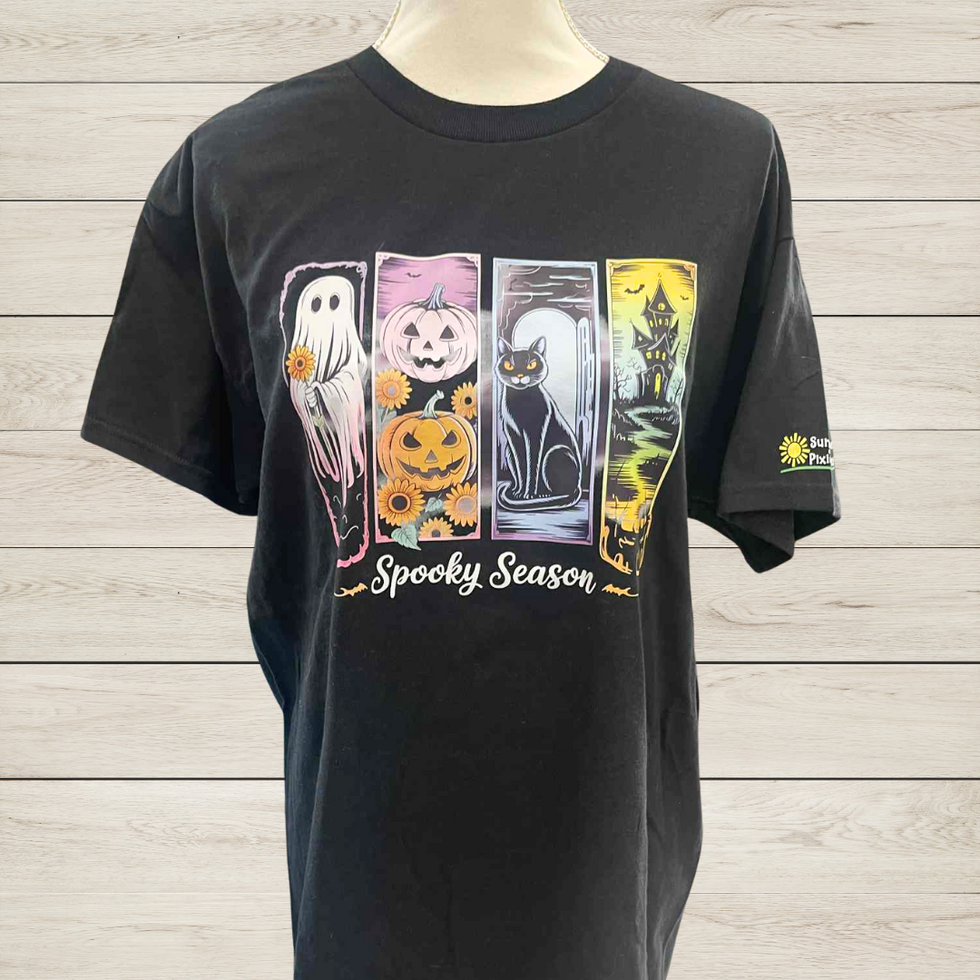 Spooky Season Midnight Magic Edition T-Shirt | Halloween Tee | Sunflowers, Ghost, Black Cat, Haunted House