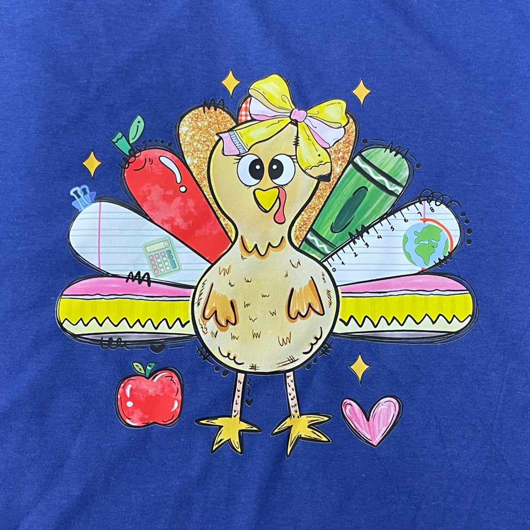 Teacher Turkey T-Shirt, Back to School Thanksgiving Shirt, Cute Turkey Graphic Tee with Classroom Supplies, Fun Teacher Fall Shirt