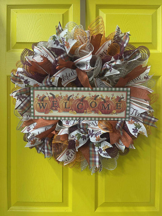Welcome Fall Pumpkin Wreath – Handmade Autumn Front Door Décor, Rustic Farmhouse Harvest Wreath with Seasonal Ribbons