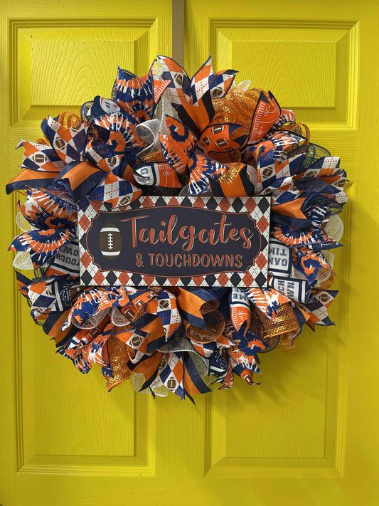 Orange and Blue Tailgates & Touchdowns Football Wreath – Handmade Gameday Front Door Décor, Rustic Fall Sports Wreath with Orange and Blue Ribbons