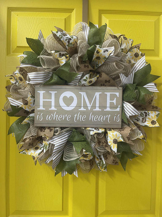 Home is Where the Heart Is Wreath – Handmade Farmhouse Front Door Décor, Rustic Sunflower Wreath with Paw Print Ribbon for Pet Lovers