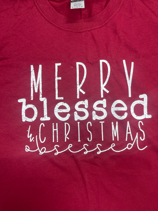 Merry Blessed & Christmas Obsessed T-Shirt Maroon L