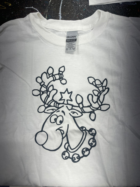 Coloring Christmas T-Shirt Reindeer White Youth XS