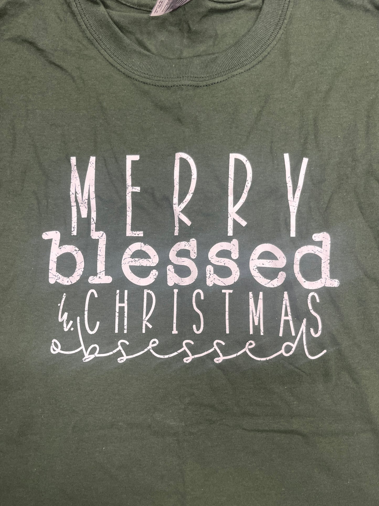Merry Blessed & Christmas Obsessed T-Shirt Forest Green L