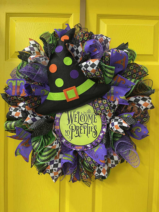 Welcome My Pretties Halloween Wreath – Handmade Witch Hat Front Door Décor, Spooky Farmhouse Wreath with Purple, Green, and Orange Ribbons