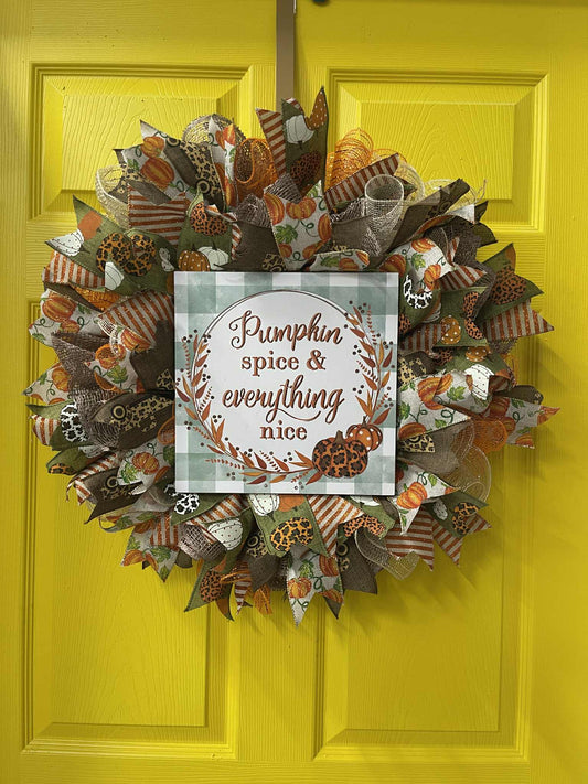 Pumpkin Spice & Everything Nice Wreath – Handmade Fall Front Door Décor, Rustic Farmhouse Pumpkin Wreath with Autumn Ribbons