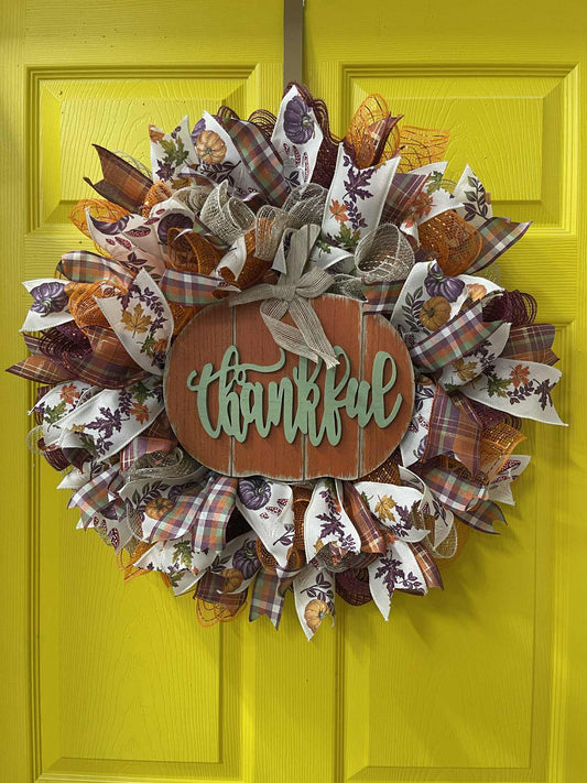 Thankful Pumpkin Wreath – Handmade Fall Front Door Décor, Rustic Farmhouse Thanksgiving Wreath with Plaid and Leaf Ribbons