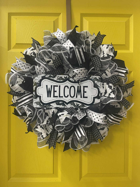 Halloween Black and White Welcome Wreath – Handmade Front Door Décor, Rustic Farmhouse Halloween Wreath with Bats and Polka Dot Ribbons