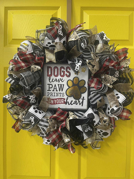 Dogs Leave Paw Prints on Your Heart Wreath – Handmade Farmhouse Pet Lover Front Door Décor, Dog-Themed Rustic Wreath with Paw Print Ribbons