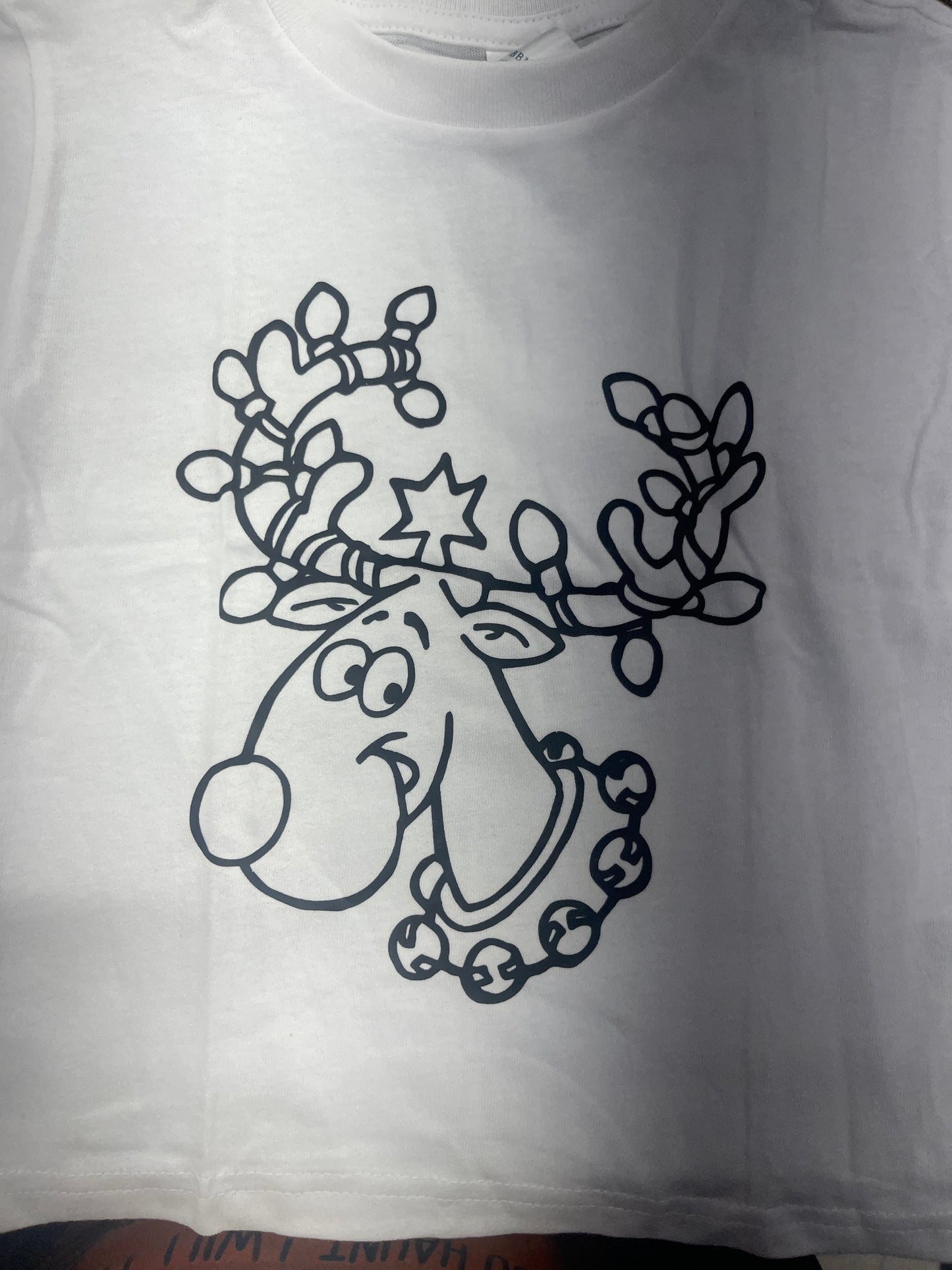 Coloring Christmas T-Shirt Reindeer White Child Size 4