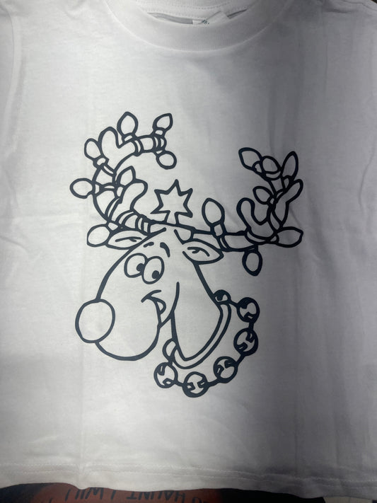 Coloring Christmas T-Shirt Reindeer White Child Size 4