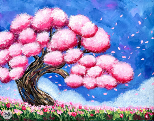 Cherry Blossom Sky Paint Kit | 11x14 DIY Pre-Drawn Canvas with Instructions | Florals Craft Time