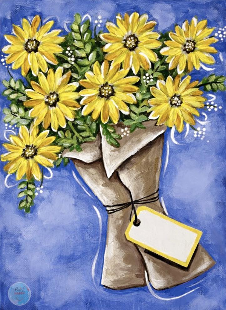 Flower Bouquet Paint Kit | 11x14 DIY Pre-Drawn Canvas with Instructions | Florals Craft Time