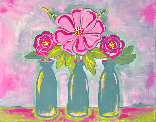 Flower and Vase Trio 11x14 Canvas Paint Kit – DIY Art Set All Ages, Traced Canvas, Brushes & Instructions, Quality Craft Project Gift