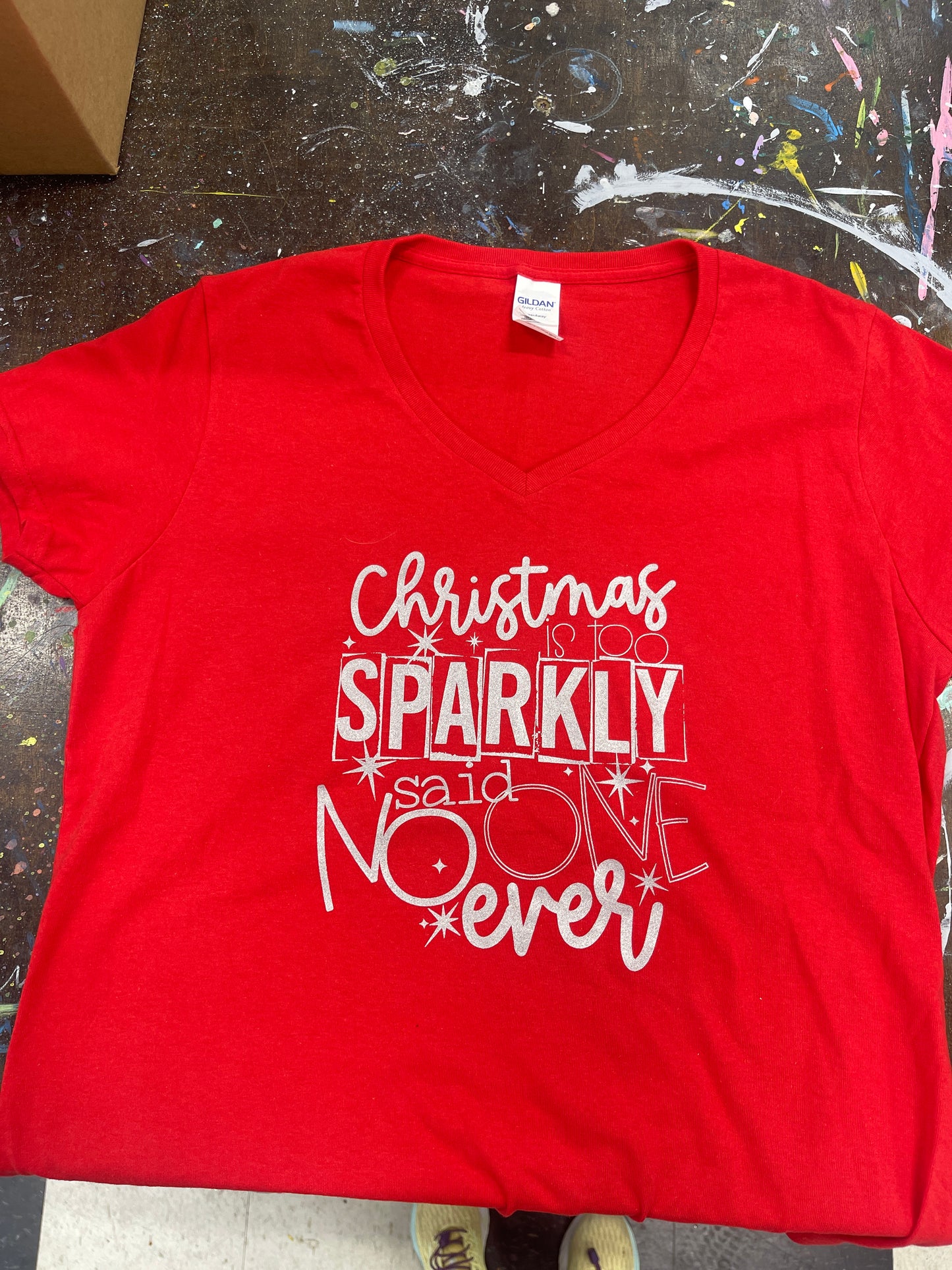 Christmas is too Sparkly V-Neck T-Shirt Ladies Red L