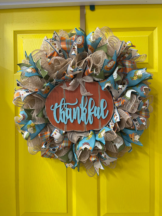 Thankful Fall Wreath – Pumpkin and Farmhouse Ribbon Front Door Décor | Handmade Autumn Thanksgiving Wreath with Burlap and Plaid Accents