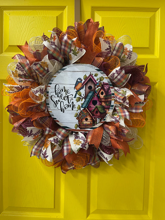 Home Sweet Home Fall Wreath – Rustic Birdhouse and Plaid Ribbon Front Door Décor | Handmade Autumn Wreath with Leaves and Farmhouse Charm