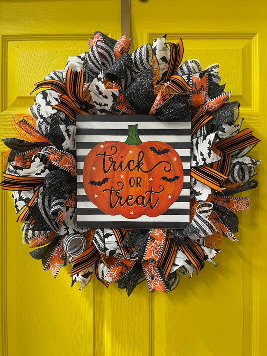Trick or Treat Halloween Wreath – Pumpkin and Bat Front Door Décor | Handmade Black and Orange Mesh Ribbon Wreath for Spooky Season