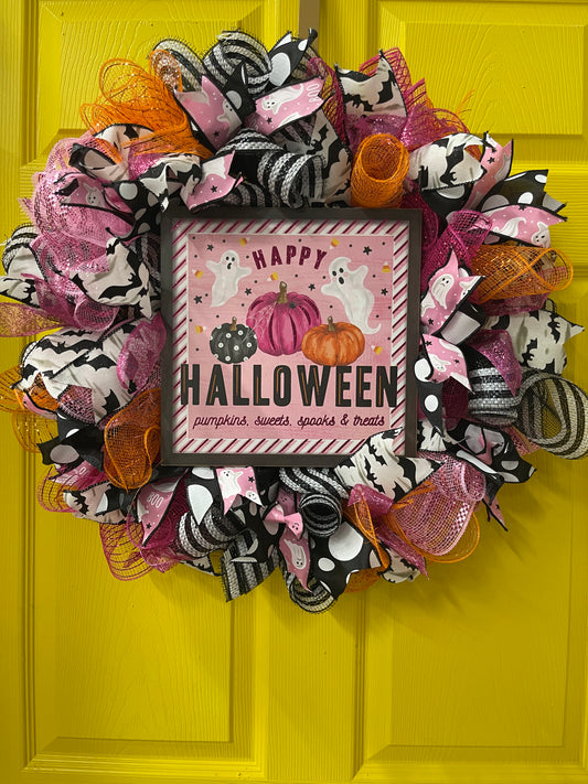 Happy Halloween Wreath – Ghosts, Pumpkins, and Candy Ribbon Door Décor | Handmade Mesh Ribbon Front Door Wreath for Halloween Party & Seasonal Décor