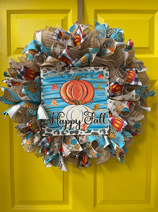 Happy Fall Wreath – Pumpkin and Leopard Print Ribbon Front Door Décor | Handmade Autumn Wreath with Burlap, Teal, and Plaid Accents