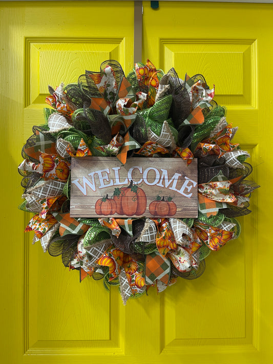 Welcome Fall Wreath – Pumpkin Front Door Décor with Plaid and Harvest Ribbon | Handmade Autumn Wreath for Thanksgiving and Seasonal Home Décor