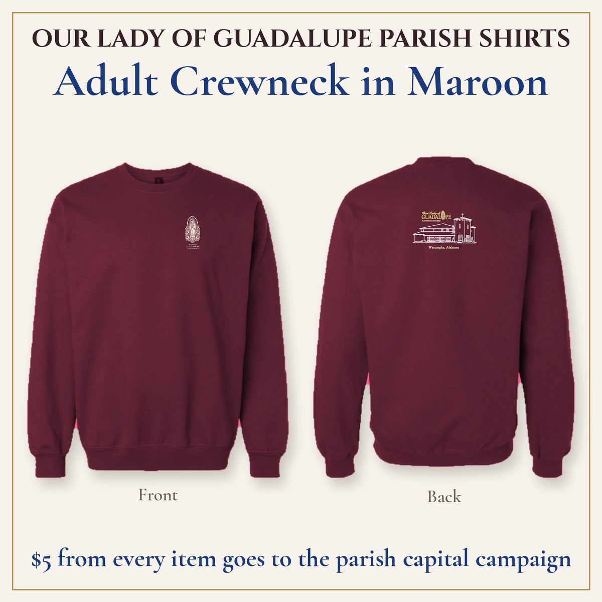 Adult Crewneck in Maroon, front and back