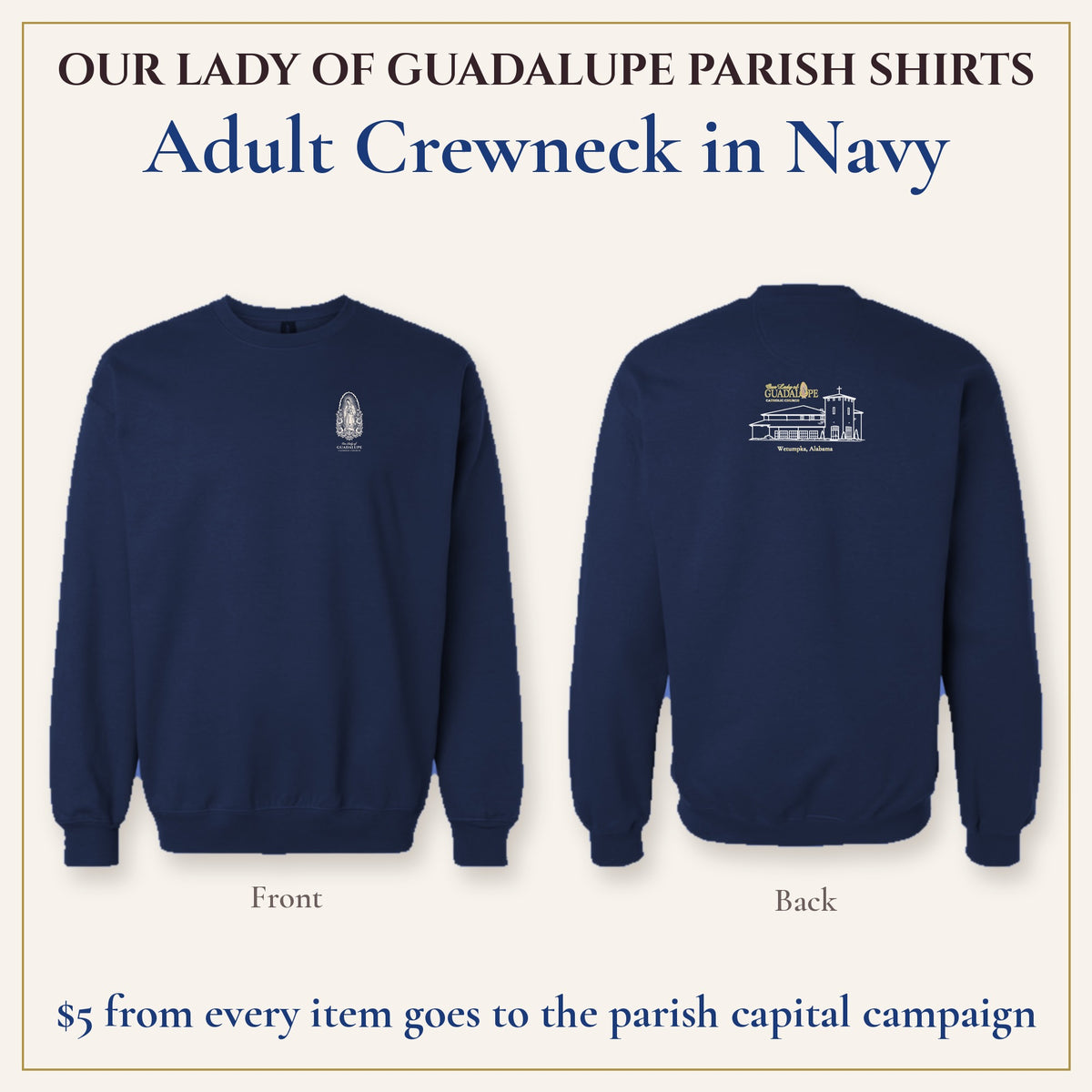 Adult Crewneck in Navy, front and back