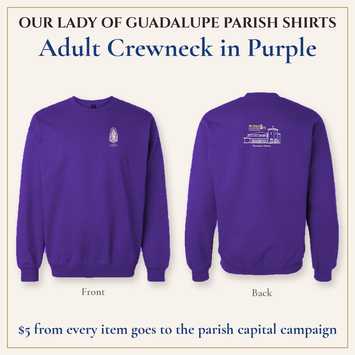 Adult Crewneck in Purple, front and back