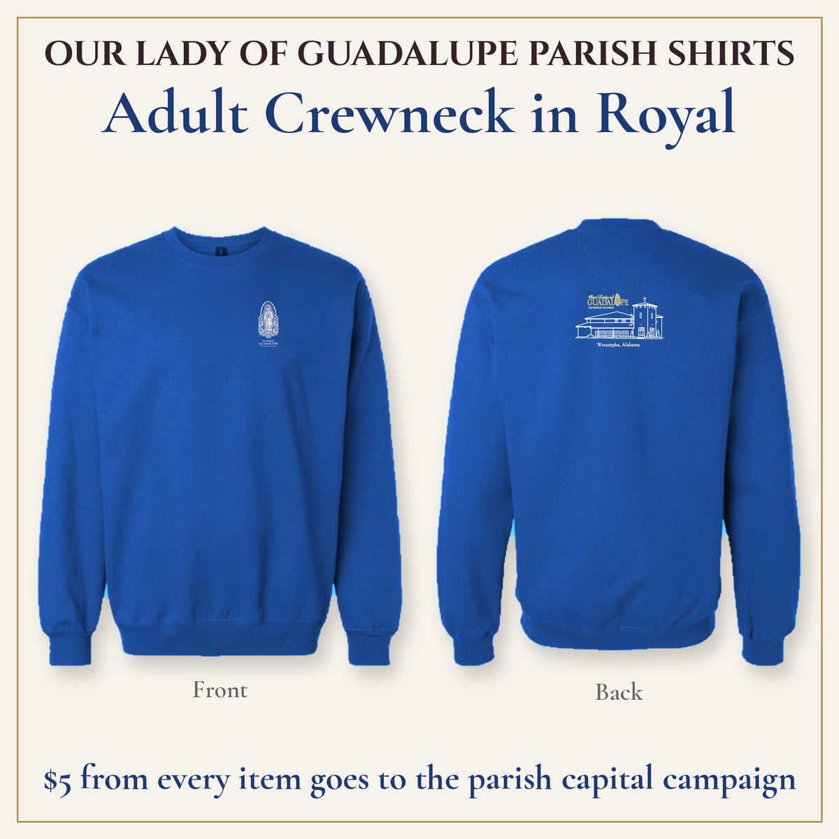 Adult Crewneck in Royal, front and back
