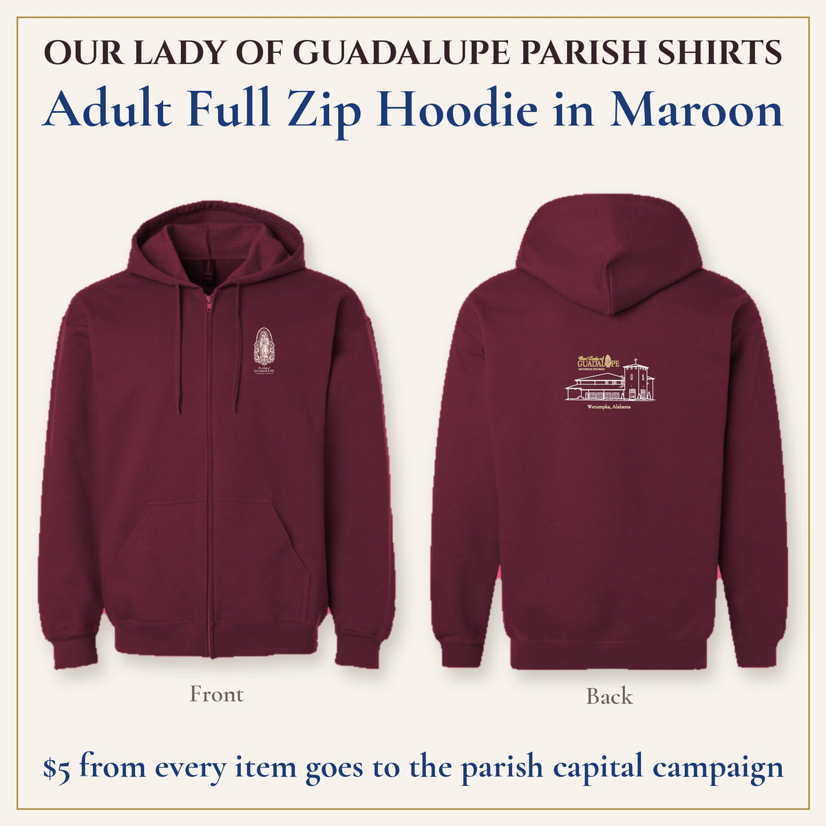 Adult Full Zip Hoodie in Maroon, front and back
