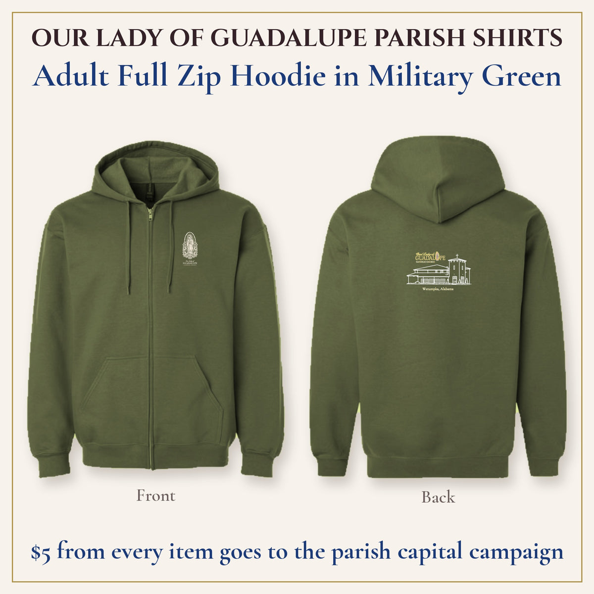 Adult Full Zip Hoodie in Military Green, front and back