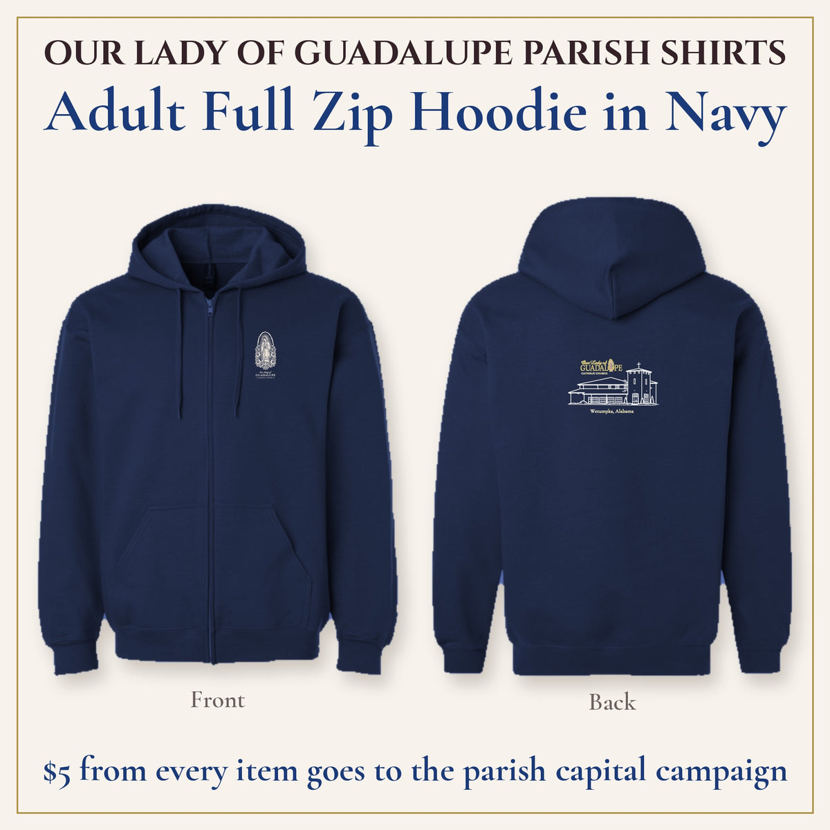 Adult Full Zip Hoodie in Navy, front and back