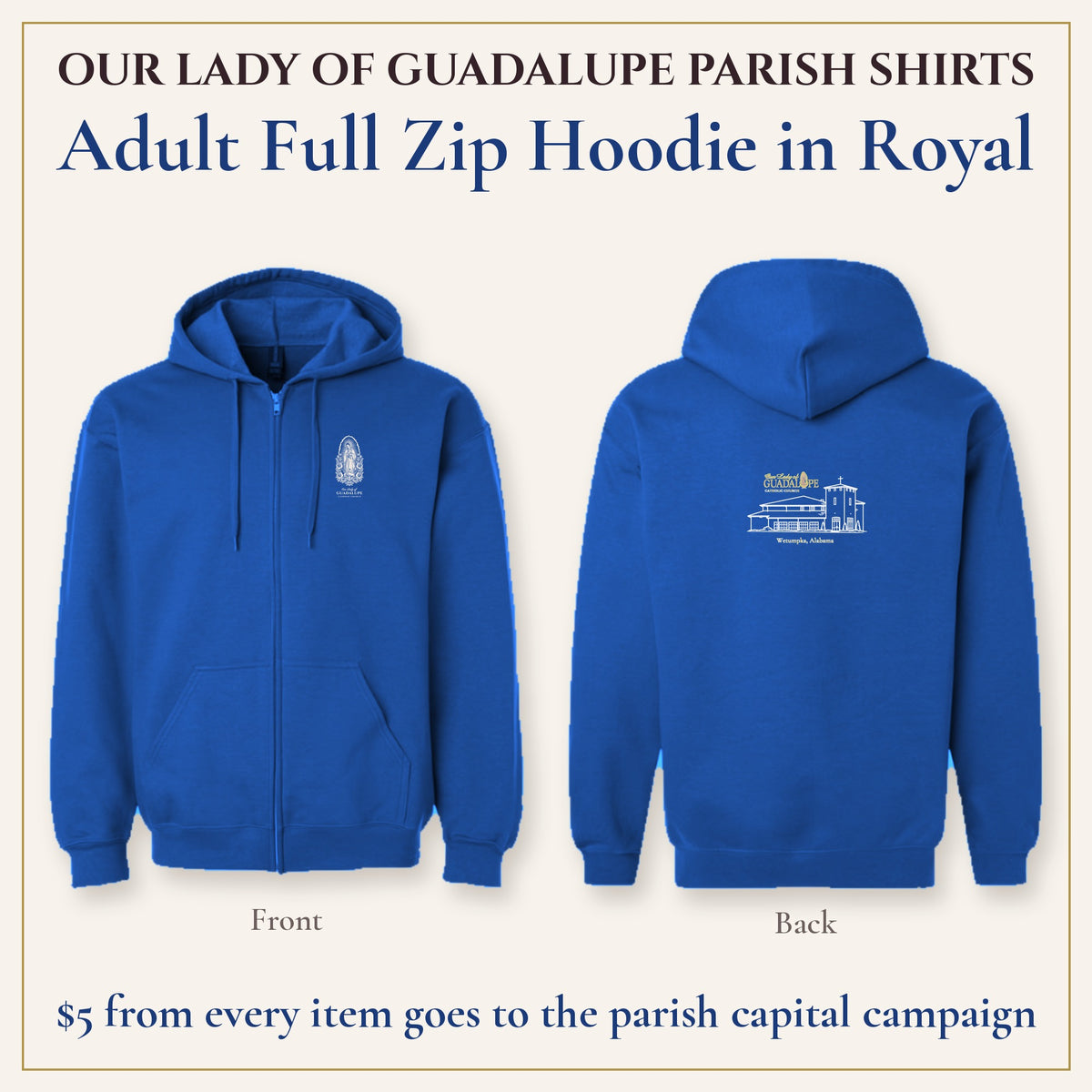 Adult Full Zip Hoodie in Royal, front and back