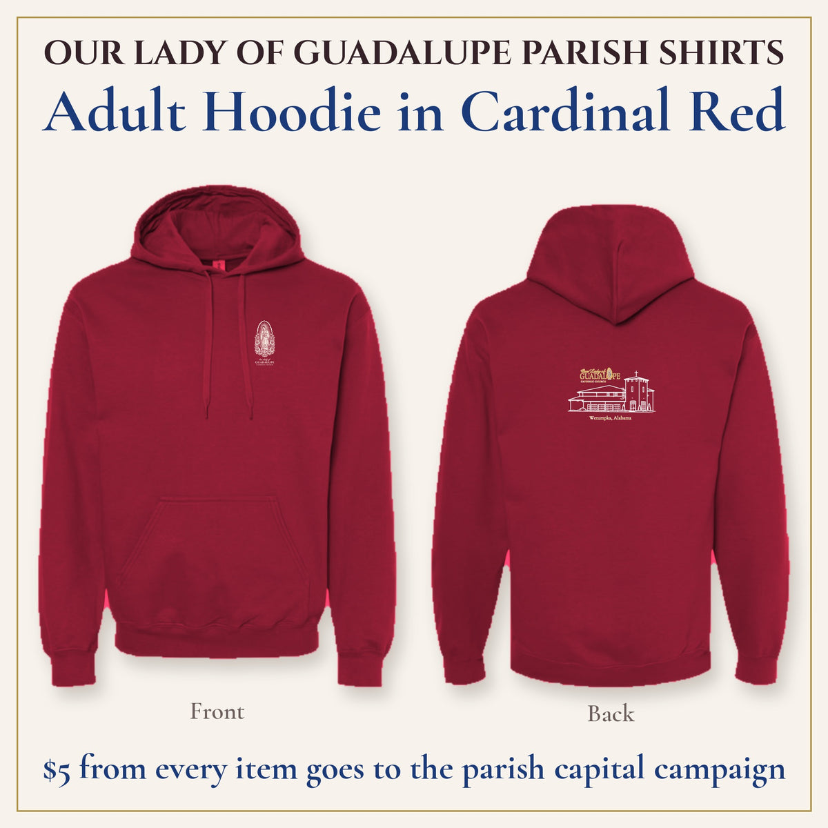 Adult Hoodie in Cardinal Red, front and back