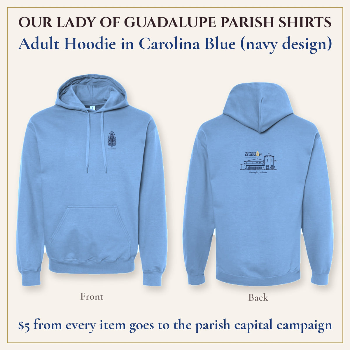 Adult Hoodie in Carolina Blue, front and back
