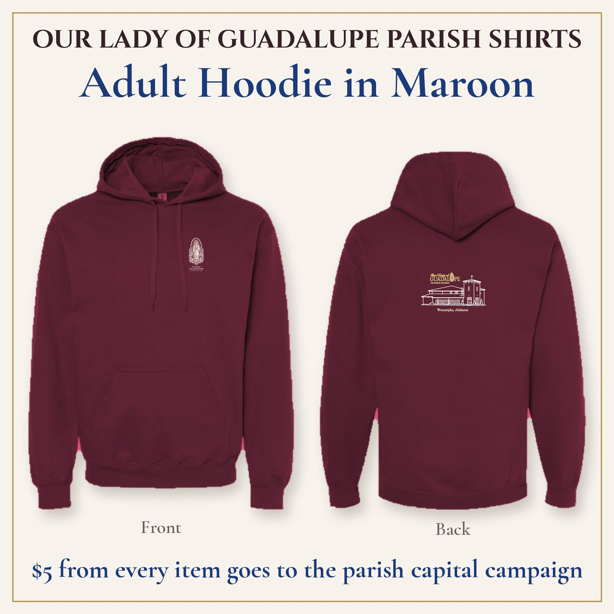 Adult Hoodie in Maroon, front and back