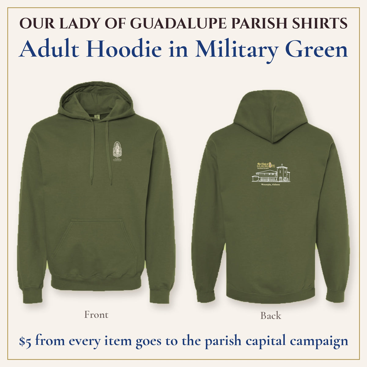 Adult Hoodie in Military Green, front and back