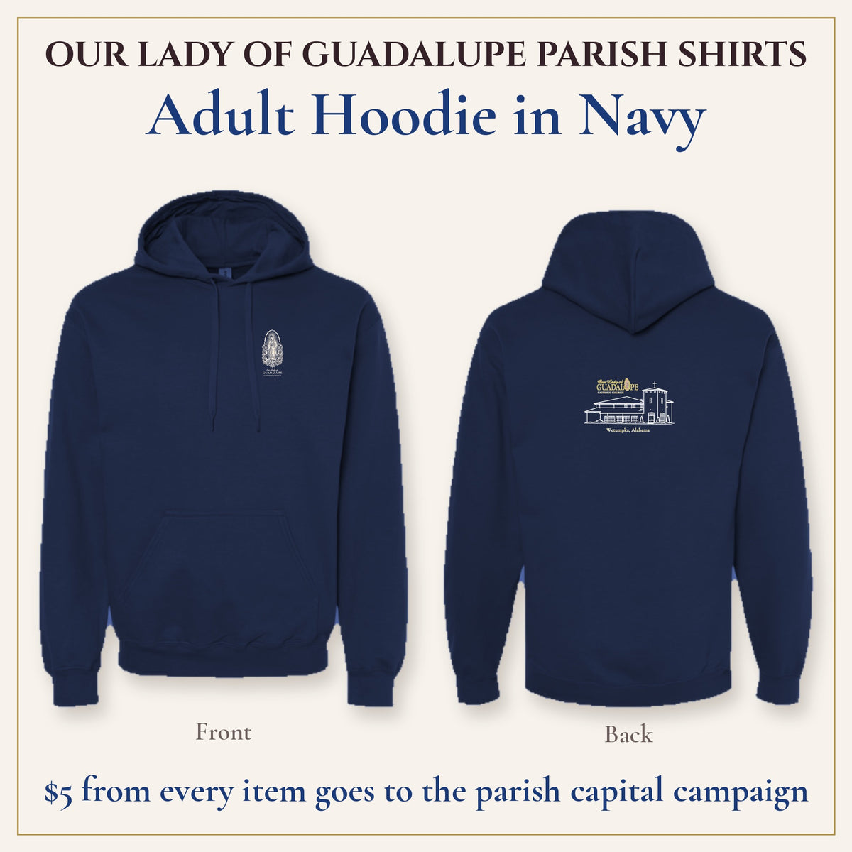 Adult Hoodie in Navy, front and back