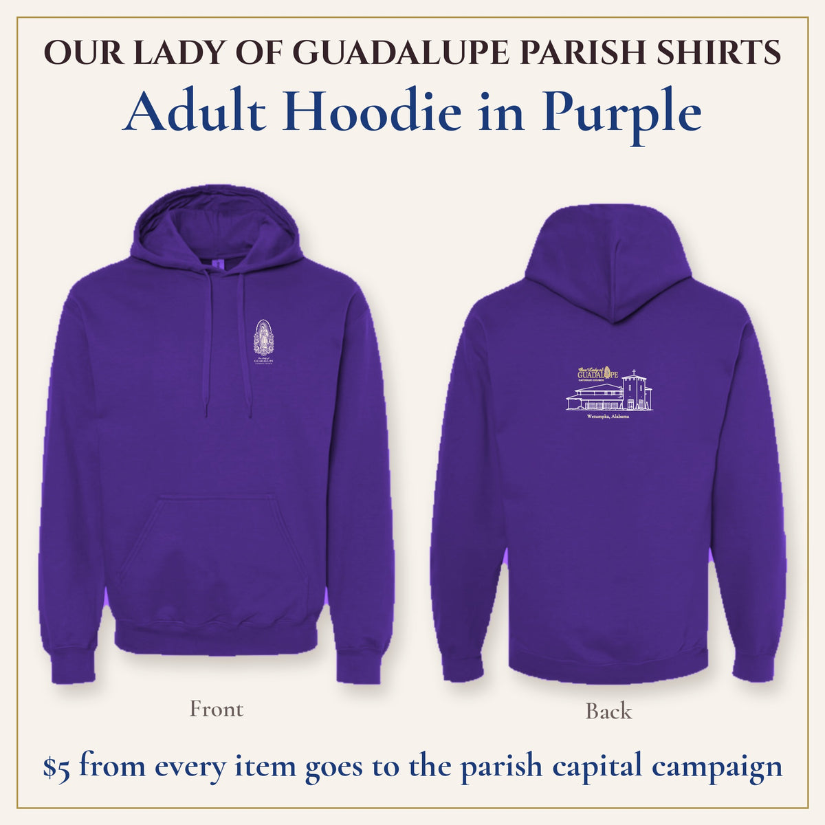 Adult Hoodie in Purple, front and back