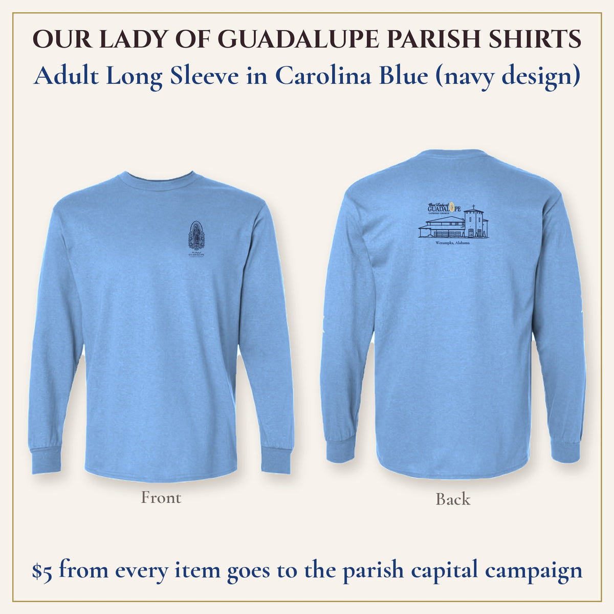 Adult Long Sleeve in Carolina Blue, front and back