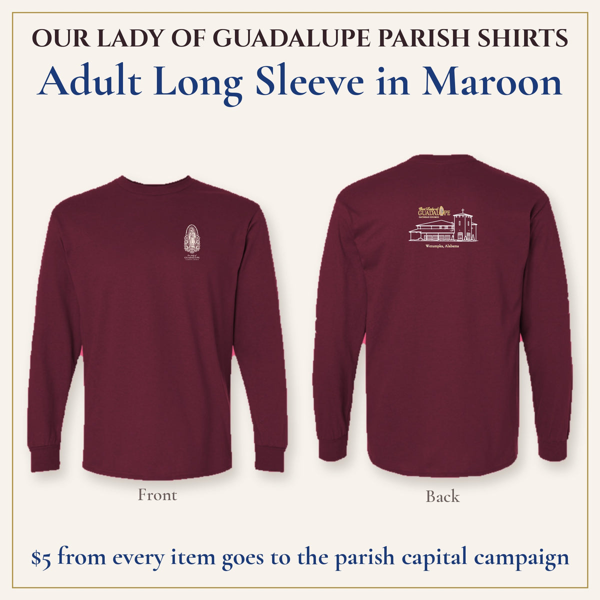 Adult Long Sleeve in Maroon, front and back