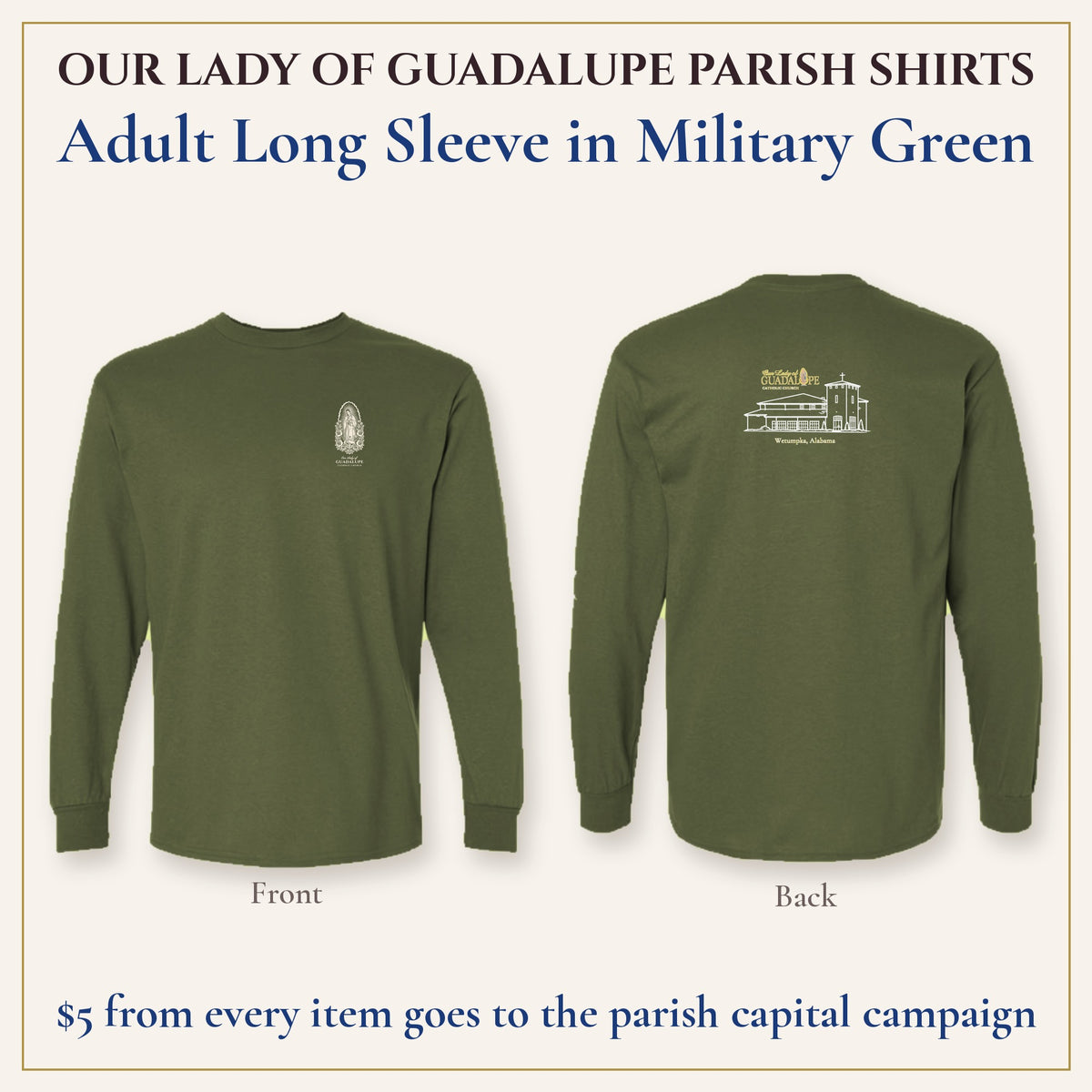 Adult Long Sleeve in Military Green, front and back