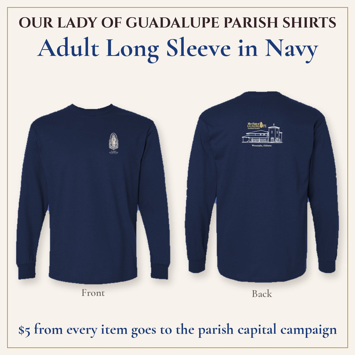 Adult Long Sleeve in Navy, front and back