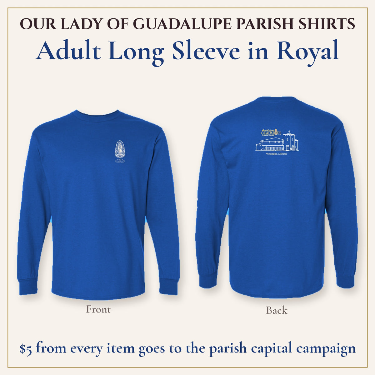 Adult Long Sleeve in Royal, front and back