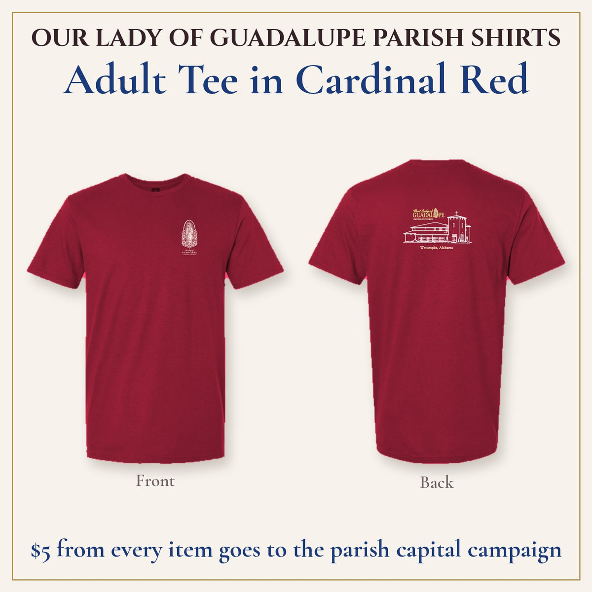 Adult Tee in Cardinal Red, front and back