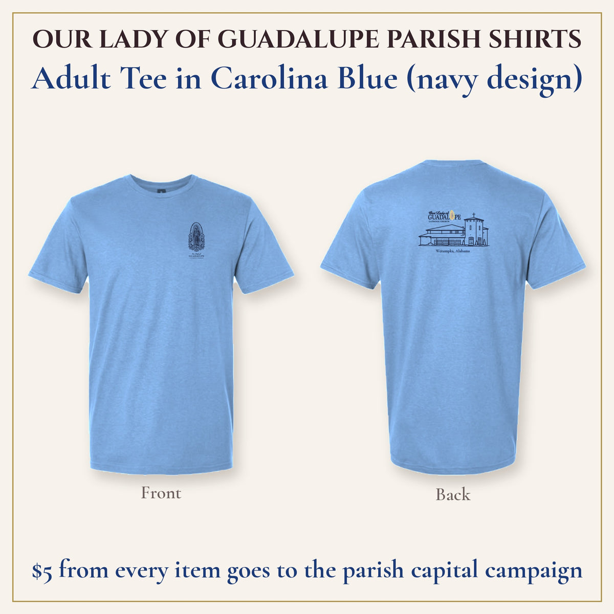 Adult Tee in Carolina Blue, front and back