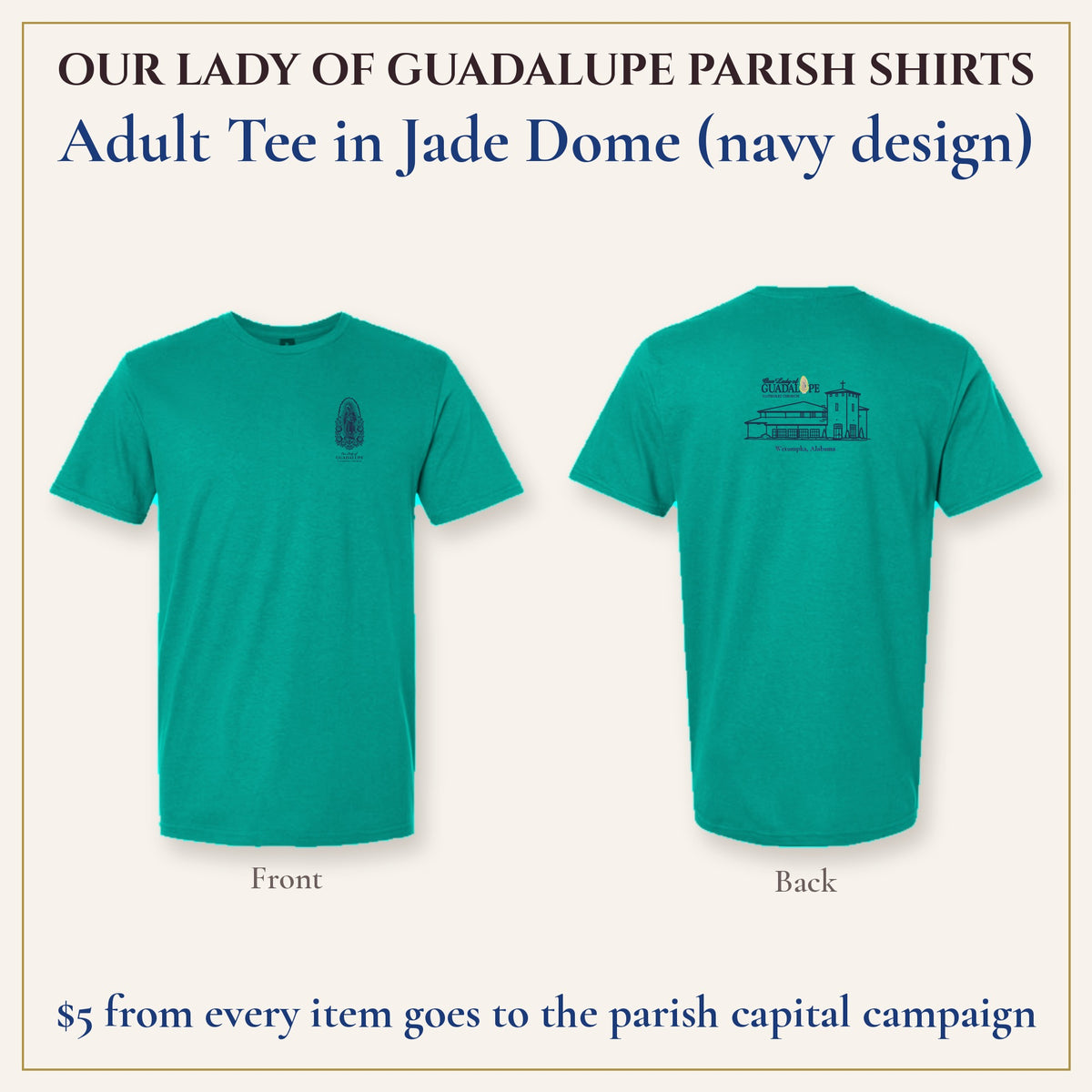 Adult Tee in Jade Dome, front and back